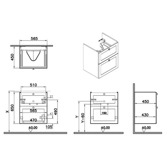 VitrA Root Classic 60cm 2 Drawer Washbasin Unit | Matt White | 68468 - Envy Bathrooms Ltd