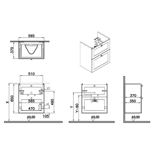 VitrA Root Classic 60cm 2 Drawer Slim Washbasin Unit | Matt Fjord Green | 68408 - Envy Bathrooms Ltd