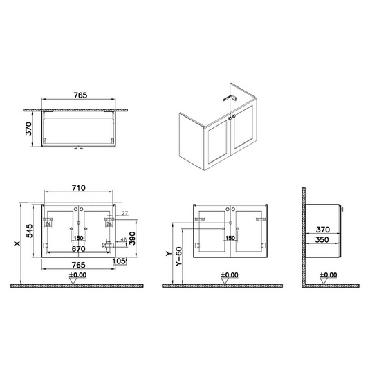 VitrA Root Classic 80cm 2 Door Wall Hung Slim Washbasin Unit | Matt Graphite | 68402 - Envy Bathrooms Ltd