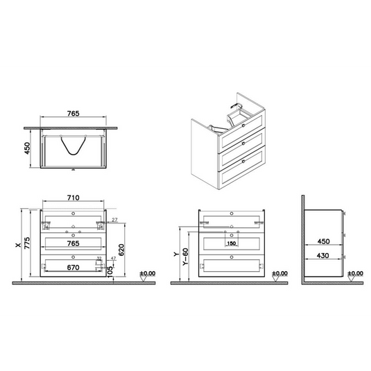 VitrA Root Classic 80cm 3 Drawer Washbasin Unit | Matt Grey | 68498 - Envy Bathrooms Ltd