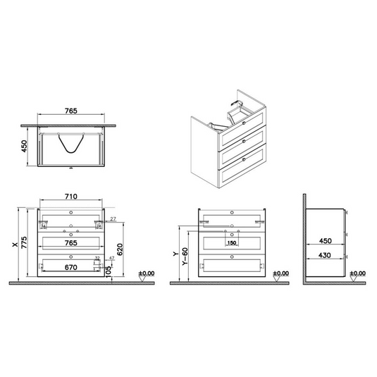 VitrA Root Classic 80cm 3 Drawer Washbasin Unit | Matt Fjord Green | 68499 - Envy Bathrooms Ltd