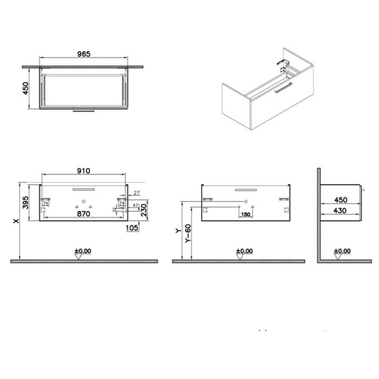 VitrA Root Flat 100cm 1 Drawer Washbasin Unit | Matt Rock Grey | 67936 - Envy Bathrooms Ltd