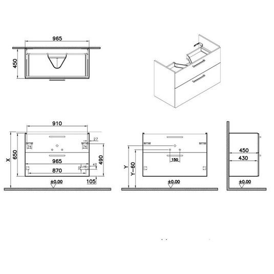 VitrA Root Flat 100cm 2 Drawer Washbasin Unit | Matt Rock Grey | 67966 - Envy Bathrooms Ltd