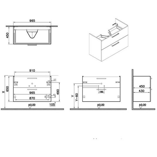 VitrA Root Flat 100cm 2 Drawer Washbasin Unit | Shiny Pearl Grey | 67963 - Envy Bathrooms Ltd