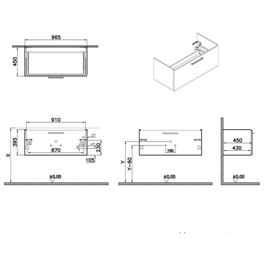 VitrA Root Flat 100cm 1 Drawer Washbasin Unit | Walnut | 67940 - Envy Bathrooms Ltd