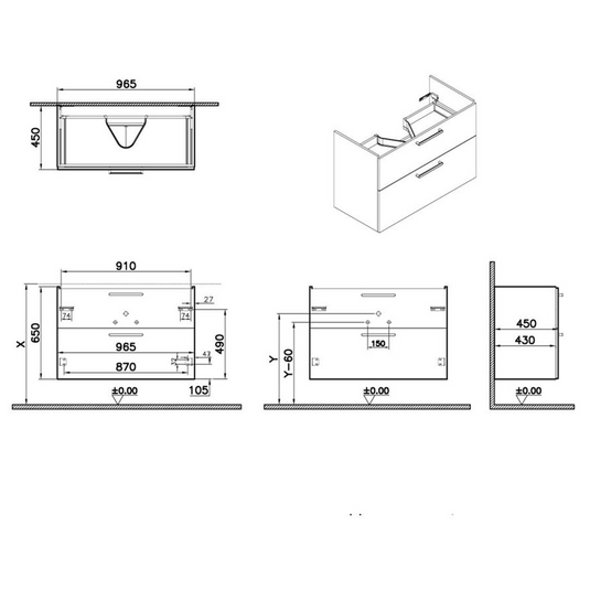 VitrA Root Flat 100cm 2 Drawer Washbasin Unit | Walnut | 67970 - Envy Bathrooms Ltd
