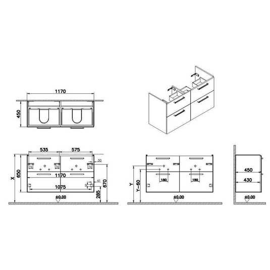 VitrA Root Flat 120cm 4 Drawer Washbasin Unit | Matt Rock Grey | 67996 - Envy Bathrooms Ltd
