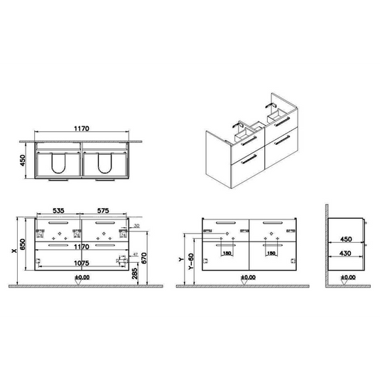 VitrA Root Flat 120cm 4 Drawer Washbasin Unit | Walnut | 68000 - Envy Bathrooms Ltd