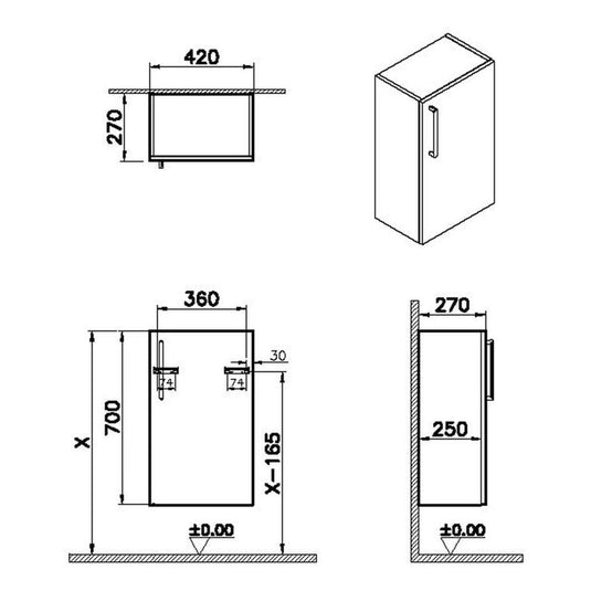 VitrA Root Flat 40cm 1 Door Slim Lower/Base Unit (RH Hinge) | Matt Rock Grey | 68038 - Envy Bathrooms Ltd