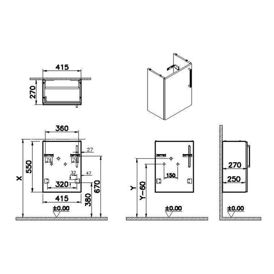 VitrA Root Flat 40cm 1 Door Wall Hung Slim Washbasin Unit (LH Hinge) | Anthracite High Gloss | 67814 - Envy Bathrooms Ltd