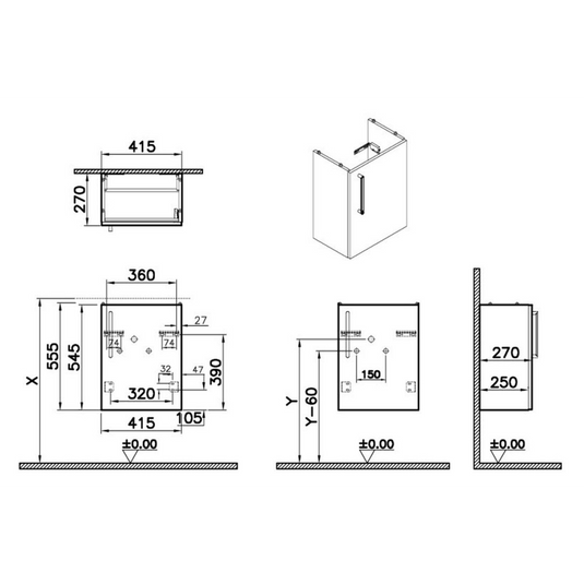 VitrA Root Flat 40cm 1 Door Wall Hung Slim Washbasin Unit (RH Hinge) | Matt Rock Grey | 67826 - Envy Bathrooms Ltd