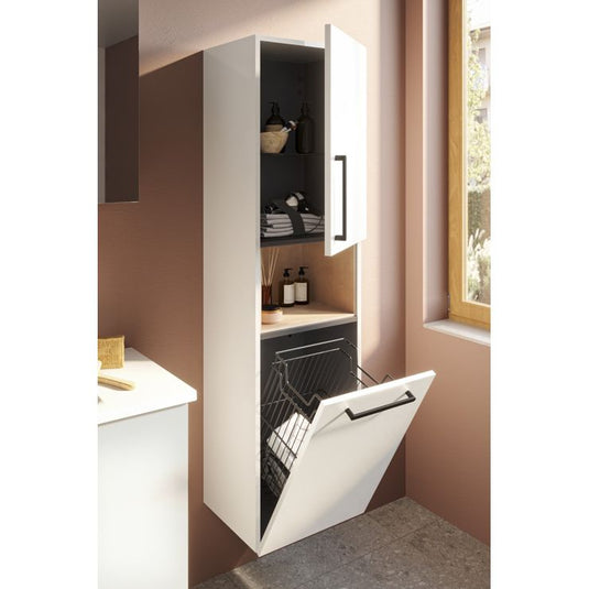 VitrA Root Flat 40cm 2 Door Semi-Tall Unit With Laundry Basket (RH Hinge) | High Gloss White | 66231 - Envy Bathrooms Ltd