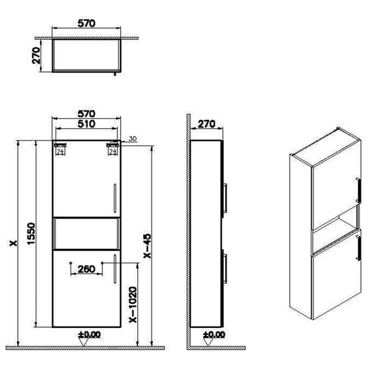 VitrA Root Flat 55cm 2 Door Semi-Tall Unit (LH Hinge) | Natural Oak | 66247 - Envy Bathrooms Ltd