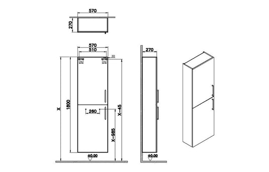 VitrA Root Flat 55cm 2 Door Slim Tall Unit (LH Hinge) | Anthracite High Gloss | 66242 - Envy Bathrooms Ltd