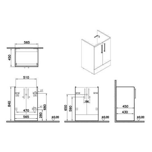 VitrA Root Flat 60cm 2 Door Floor Standing Washbasin Unit | Matt Storm Grey | 67907 - Envy Bathrooms Ltd