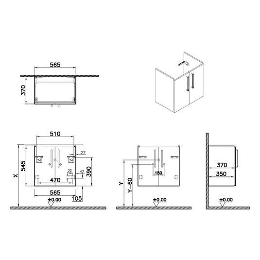 VitrA Root Flat 60cm 2 Door Wall Hung Slim Washbasin Unit | Shiny Pearl Grey | 67833 - Envy Bathrooms Ltd