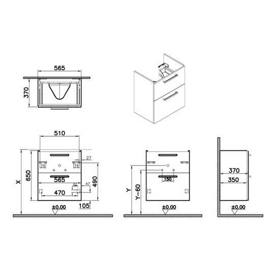 VitrA Root Flat 60cm 2 Drawer Slim Washbasin Unit | Matt Rock Grey | 67856 - Envy Bathrooms Ltd