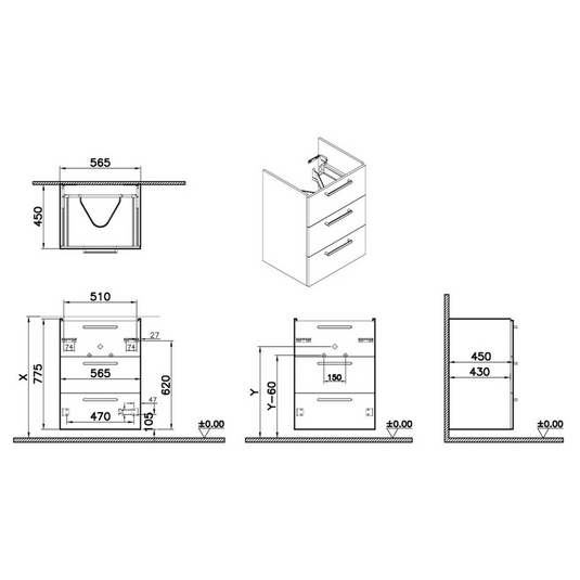 VitrA Root Flat 60cm 3 Drawer Washbasin Unit | Matt Rock Grey | 67976 - Envy Bathrooms Ltd