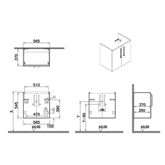VitrA Root Flat 60cm 2 Door Wall Hung Slim Washbasin Unit | Anthracite High Gloss | 67834 - Envy Bathrooms Ltd