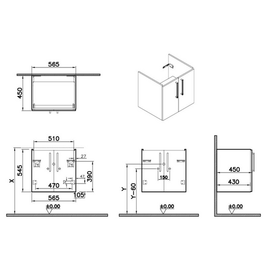 VitrA Root Flat 60cm 2 Door Wall Hung Washbasin Unit | Natural Oak | 67879 - Envy Bathrooms Ltd