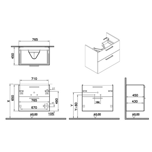 VitrA Root Flat 80cm 2 Drawer Washbasin Unit | Anthracite High Gloss | 67954 - Envy Bathrooms Ltd