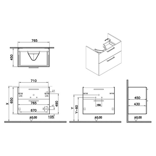 VitrA Root Flat 80cm 2 Drawer Washbasin Unit | High Gloss White | 67952 - Envy Bathrooms Ltd