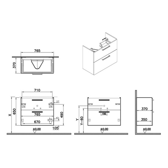 VitrA Root Flat 80cm 2 Drawer Slim Washbasin Unit | Walnut | 67870 - Envy Bathrooms Ltd