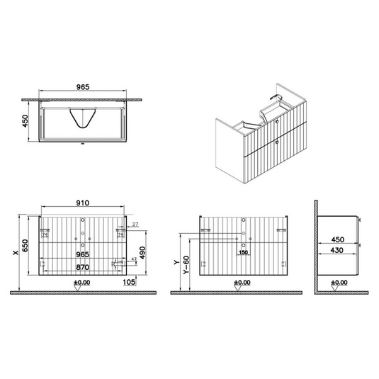 VitrA Root Groove 100cm 2 Drawer Washbasin Unit | Matt Grey | 69060 - Envy Bathrooms Ltd