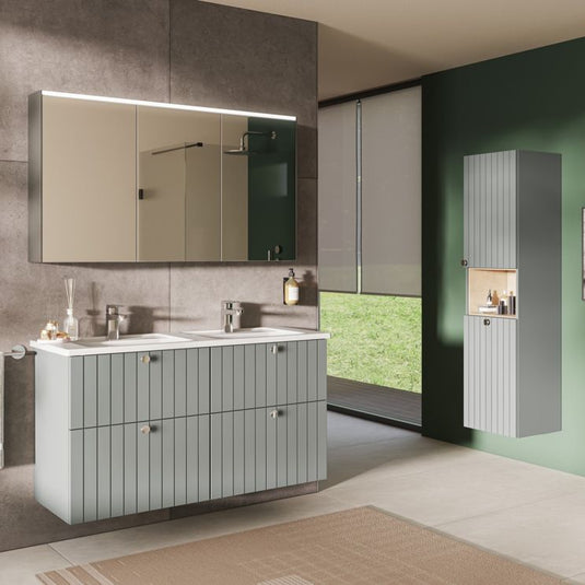 VitrA Root Groove 40cm 2 Door Semi-Tall Unit With Laundry Basket (LH Hinge) | Matt Fjord Green | 69096 - Envy Bathrooms Ltd