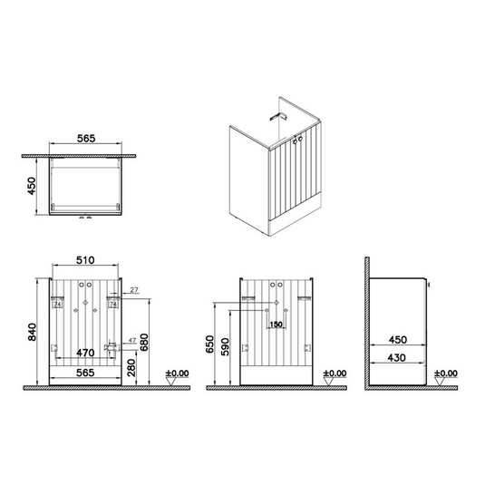 VitrA Root Groove 60cm 2 Door Floor Standing Washbasin Unit | Matt Light Grey | 69017 - Envy Bathrooms Ltd