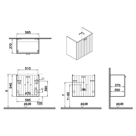 VitrA Root Groove 60cm 2 Door Wall Hung Slim Washbasin Unit | Matt Graphite | 68971 - Envy Bathrooms Ltd