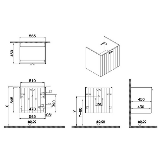 VitrA Root Groove 60cm 2 Door Wall Hung Washbasin Unit | Matt Grey | 68997 - Envy Bathrooms Ltd