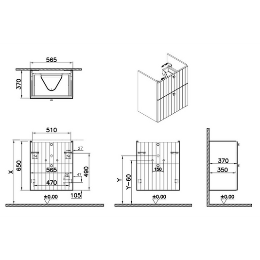 VitrA Root Groove 60cm 2 Drawer Slim Washbasin Unit | Matt Grey | 68983 - Envy Bathrooms Ltd