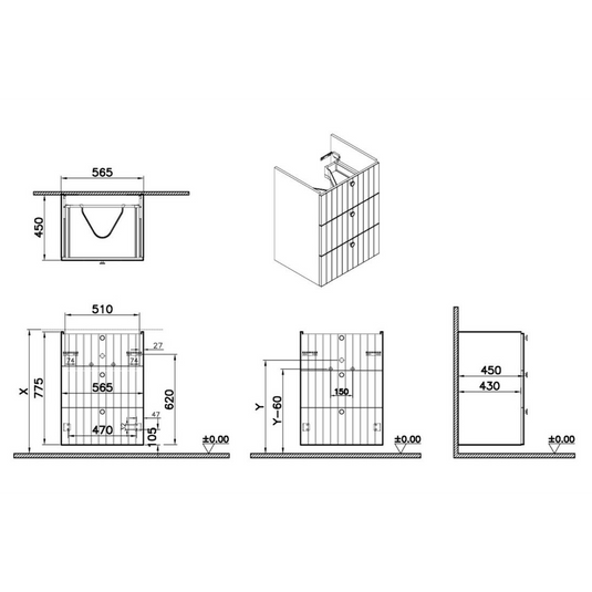 VitrA Root Groove 60cm 3 Drawer Washbasin Unit | Matt Graphite | 69069 - Envy Bathrooms Ltd