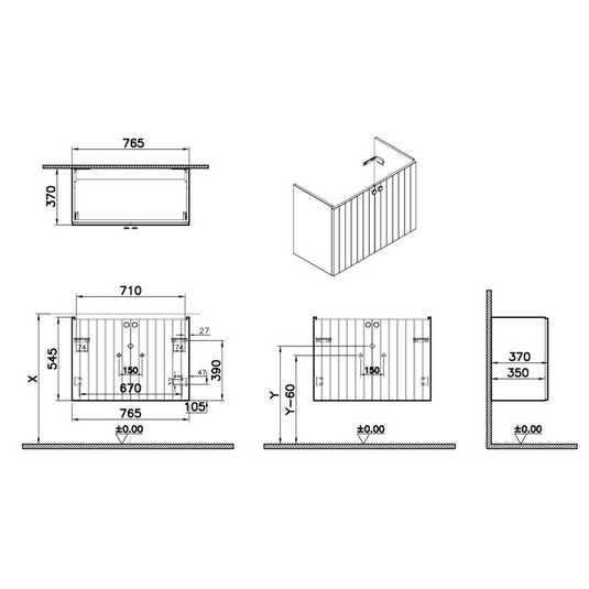VitrA Root Groove 80cm 2 Door Wall Hung Slim Washbasin Unit | Matt Graphite | 68978 - Envy Bathrooms Ltd