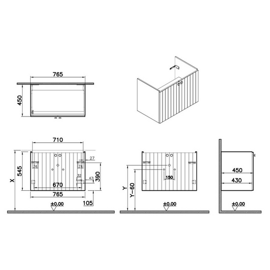VitrA Root Groove 80cm 2 Door Wall Hung Washbasin Unit | Matt Grey | 69004 - Envy Bathrooms Ltd