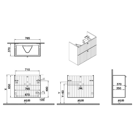 VitrA Root Groove 80cm 2 Drawer Slim Washbasin Unit | Matt White | 68988 - Envy Bathrooms Ltd