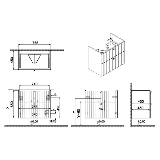 VitrA Root Groove 80cm 2 Drawer Washbasin Unit | Matt Grey | 69053 - Envy Bathrooms Ltd