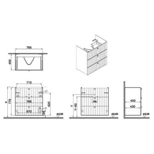 VitrA Root Groove 80cm 3 Drawer Washbasin Unit | Matt Graphite | 69076 - Envy Bathrooms Ltd