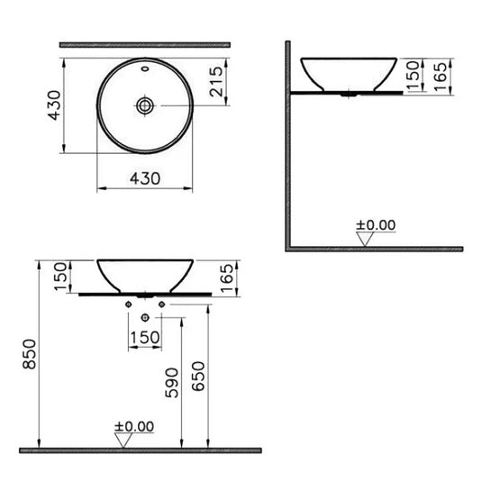 Vitra Round Sit-On Countertop Basin 430mm Wide - 0 Tap Hole - Envy Bathrooms Ltd