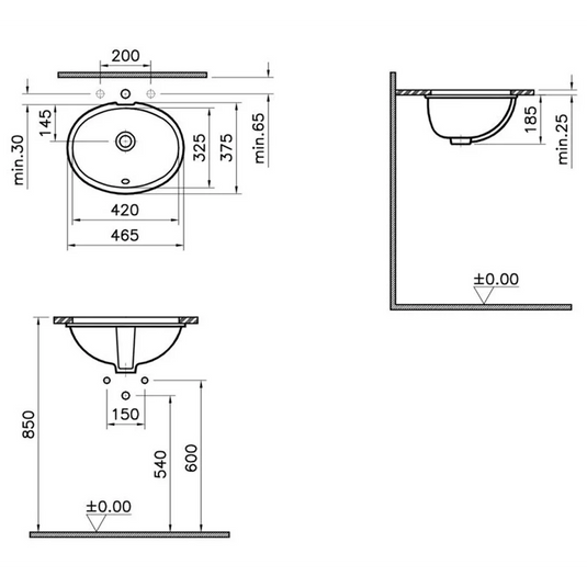 VitrA S20 470x380mm 0TH Undercounter Basin - White - 6039B003-0012 - Envy Bathrooms Ltd