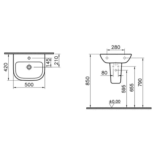 Vitra S20 500mm 1 TH Wall Hung Basin - 5501WH - Envy Bathrooms Ltd