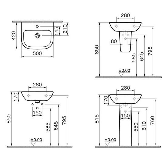 VitrA S20 500x415mm 2TH Basin Only - White - 5501L003-0022 - Envy Bathrooms Ltd