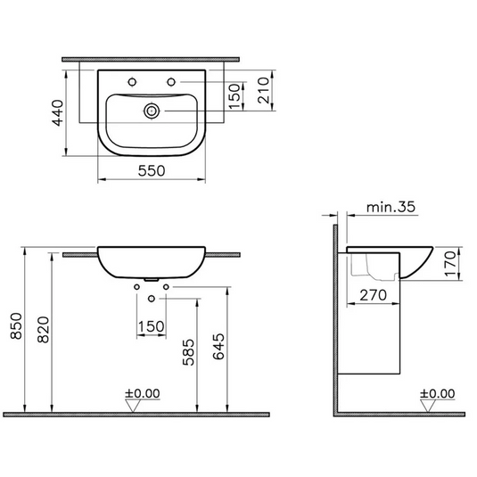 VitrA S20 550x445mm 2TH Semi Recessed Basin - White - 5524B003-0022 - Envy Bathrooms Ltd