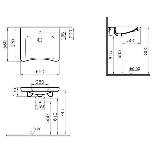 VitrA S20 650x560mm 1TH Basin w/Overflow - White - 5291B003-0001 - Envy Bathrooms Ltd