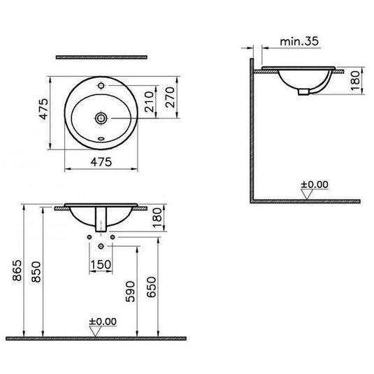 Vitra S20 Oval Countertop Basin - 475mm Wide - 1 Tap Hole - Envy Bathrooms Ltd