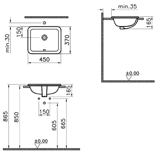 Vitra S20 Rectangular Undermount Countertop Basin - 450mm Wide - 0 Tap Hole - Envy Bathrooms Ltd