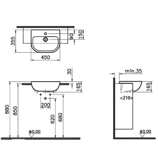 Vitra S20 Short Projection Semi-Recessed Basin - 450mm Wide - 1 Tap Hole - Envy Bathrooms Ltd
