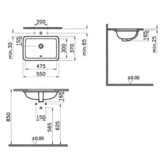 Vitra S20 Undermount Countertop Basin 480mm Wide - 0 Tap Hole - Envy Bathrooms Ltd
