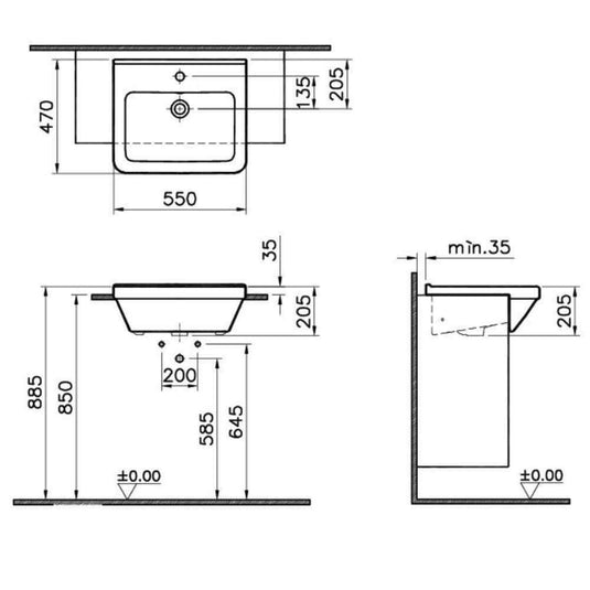 Vitra S50 Square Semi-Recessed Basin - 550mm Wide - 1 Tap Hole - Envy Bathrooms Ltd